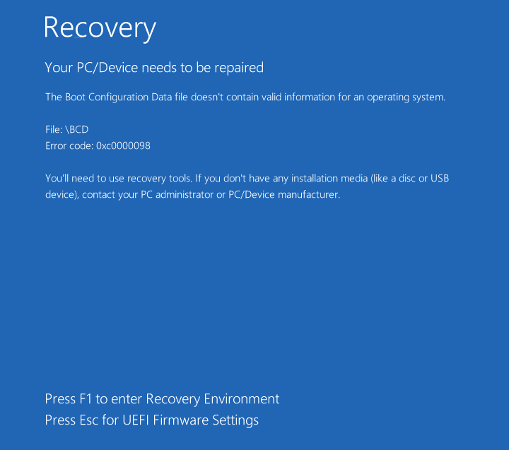 Сообщение об ошибке 0xc0000098 при загрузке Windows