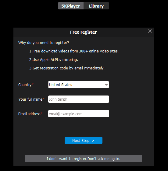 Окно регистрации 5kplayer