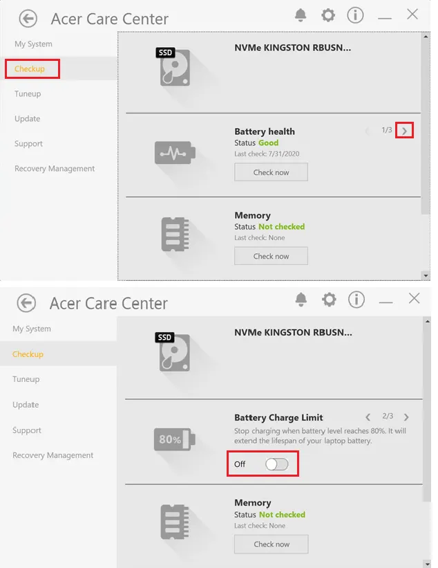 Ограничение заряда батареи в Acer Care Center