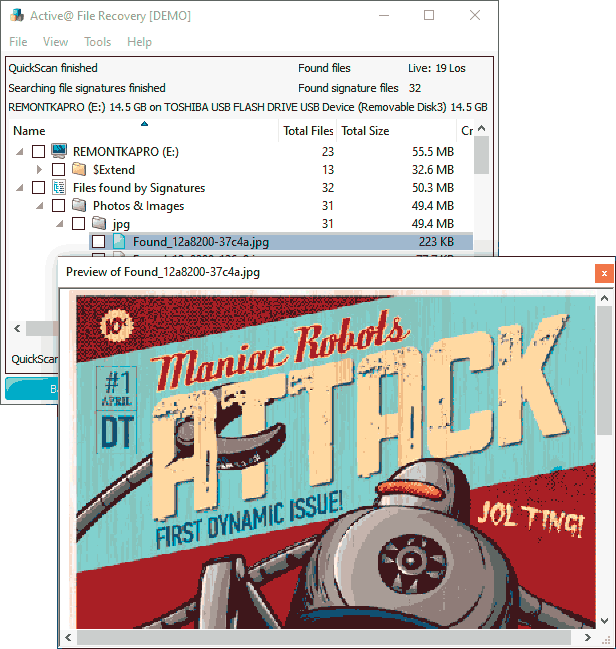 Результат восстановления данных в Active File Recovery