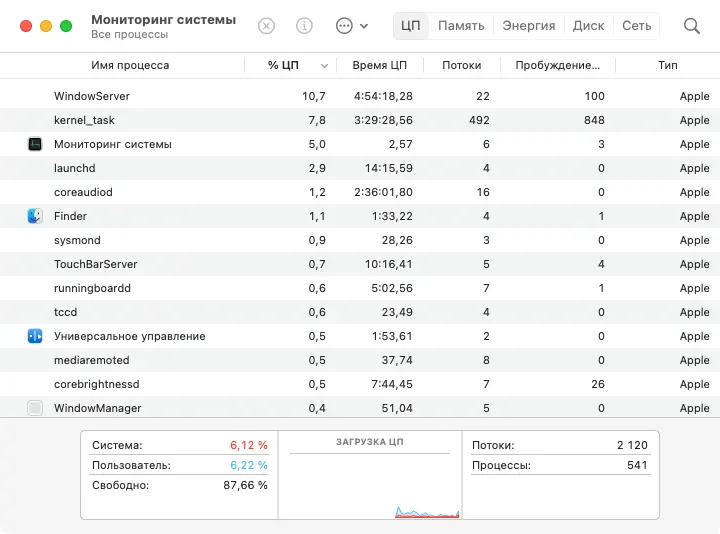 Мониторинг системы запущен в Mac OS