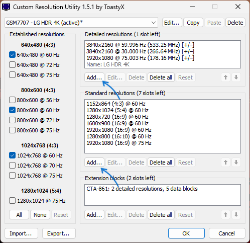 Добавление разрешения в Custom Resolution Utility