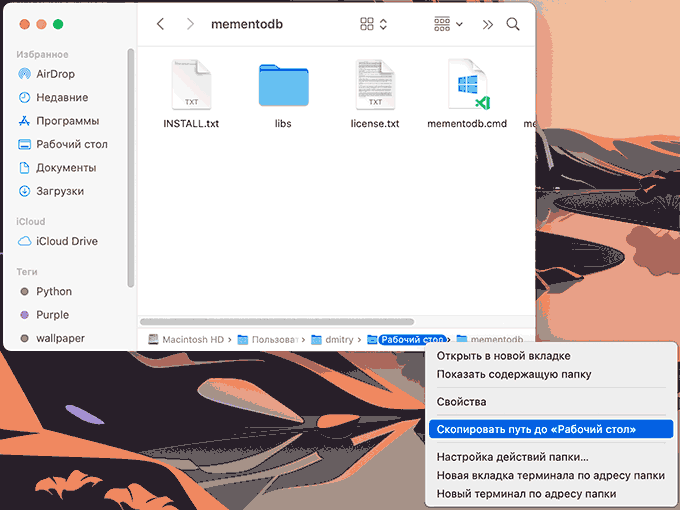 Копирование пути из строки внизу окна Finder