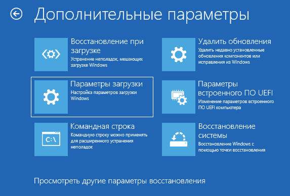Параметры загрузки в среде восстановления Windows 11