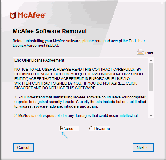 Согласиться с условиями утилиты удаления McAfee
