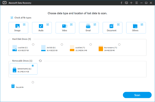 Главное окно Aiseesoft Data Recovery