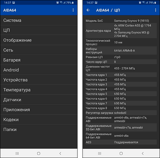 Информация о процессоре Android в AIDA64