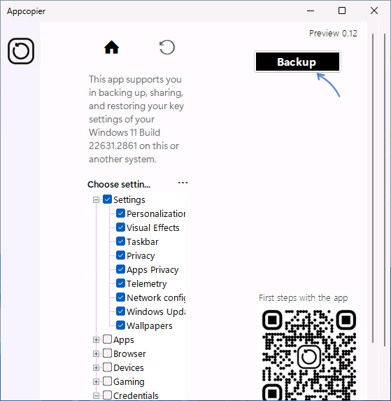 Запустить резервное копирование в AppCopier
