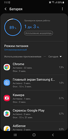 Информация о приложениях использующих аккумулятор