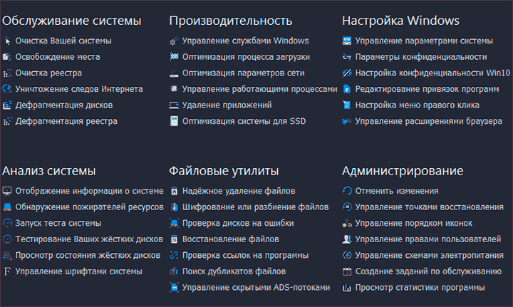 Функции Ashampoo WinOptimizer
