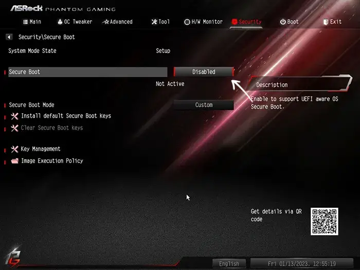 Отключение Secure Boot на AsRock