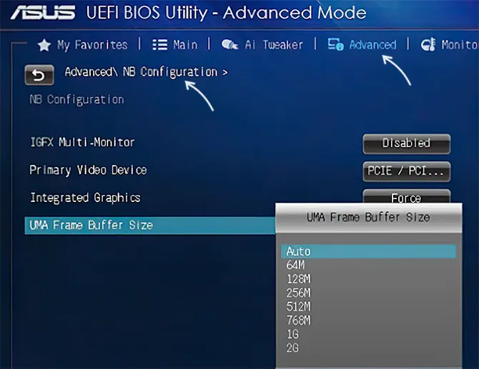 Настройка UMA Frame Buffer Size на материнской плате Asus