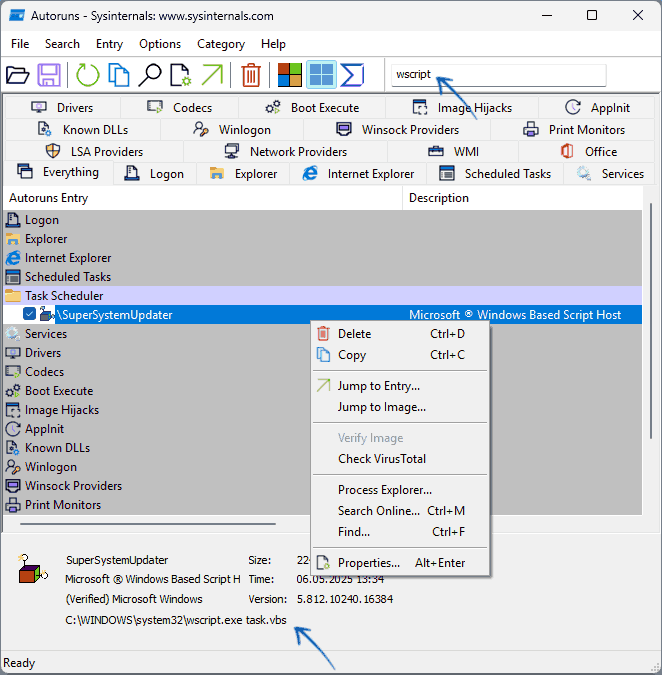 Поиск элементов, выполняющих task.vbs в Autoruns
