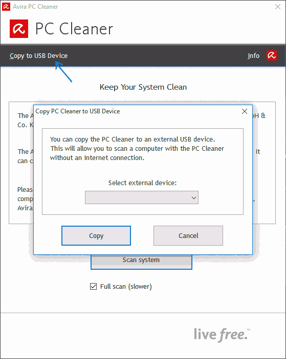 Копирование Avira PC Cleaner на USB