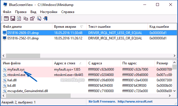 Сведения об ошибке 0x000000d1 в BlueScreenView