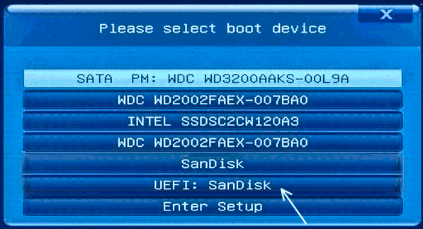 Загрузка в режиме UEFI из Boot Menu