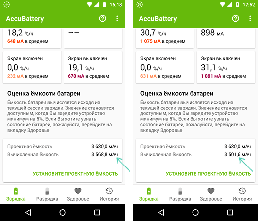 Вычисленная реальная емкость аккумулятора Android