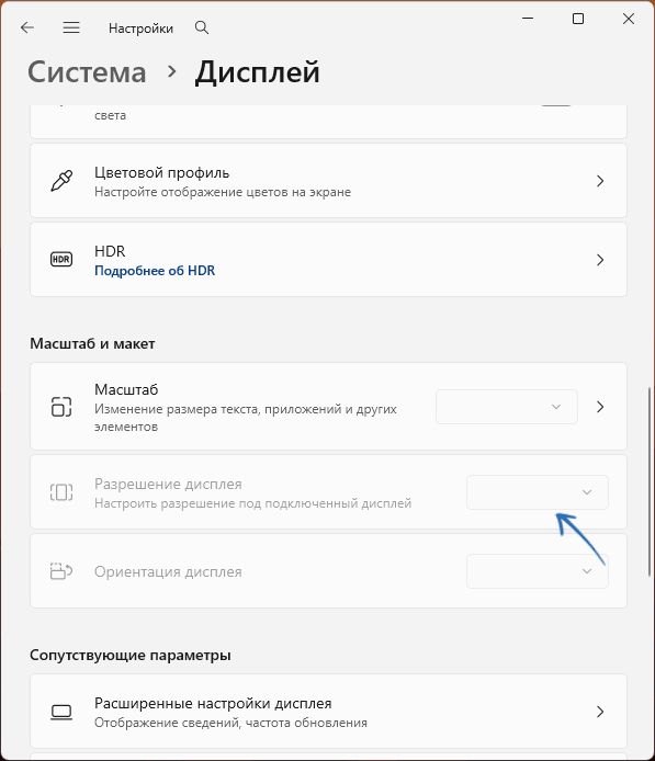 Пример неактивного поля выбора разрешения экрана монитора в Windows 11