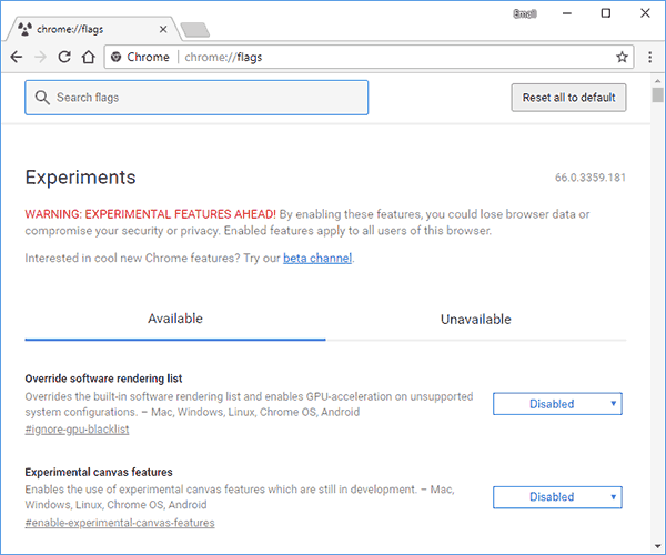 Страница со скрытыми возможностями Google Chrome