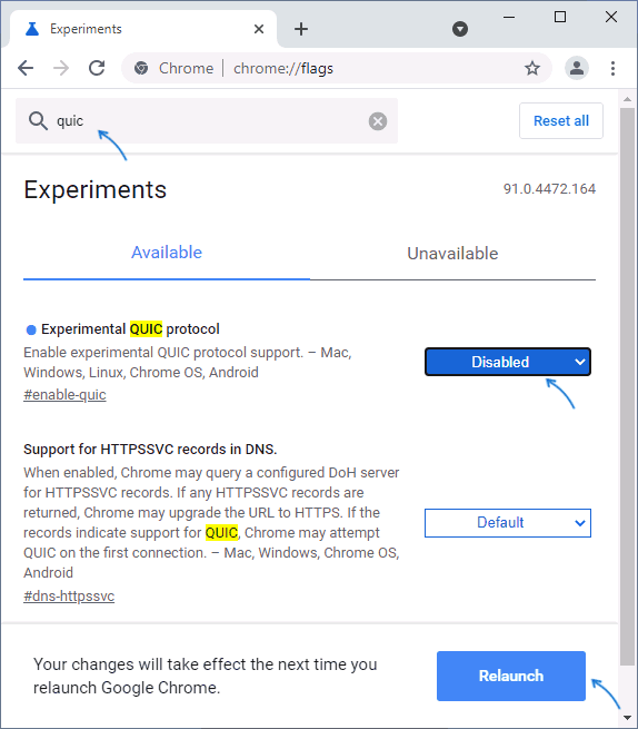 Отключение протокола QUIC в Chrome