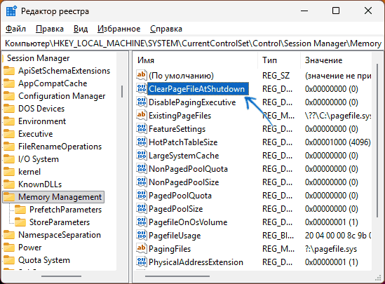 Параметр ClearPageFileAtShutdown в реестре