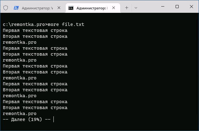 Вывод текстового файла с помощью команды more