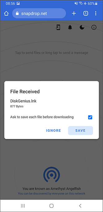 Подтвердить получение файла Snapdrop
