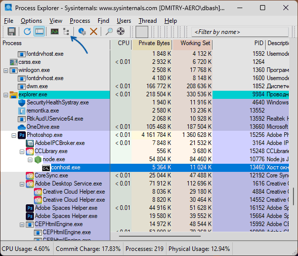 Родительский процесс conhost.exe в Process Explorer