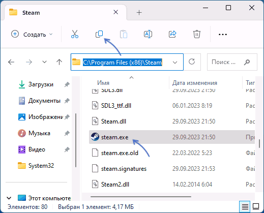 Скопировать файл steam.exe