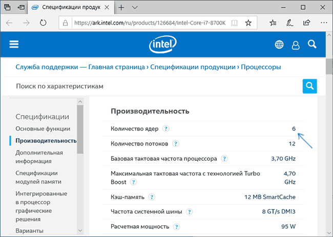 Количество ядер на официальном сайте производителя CPU