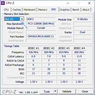 Информация об установленной оперативной памяти в CPU-Z