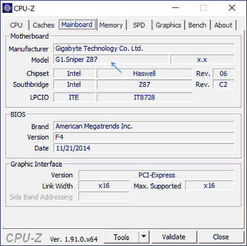 Модель материнской платы в CPU-Z