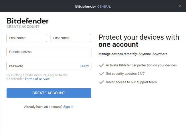 Создание учетной записи Bitdefender
