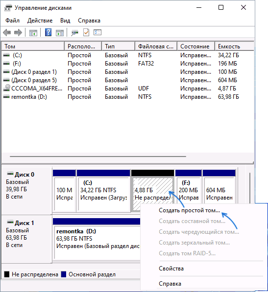 Создание нового раздела в управлении дисками Windows 11