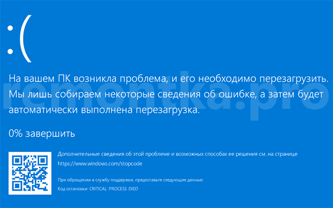 Сообщение об ошибке CRITICAL PROCESS DIED