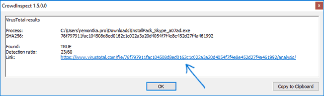Результаты проверки процесса CrowdInspect в VirusTotal