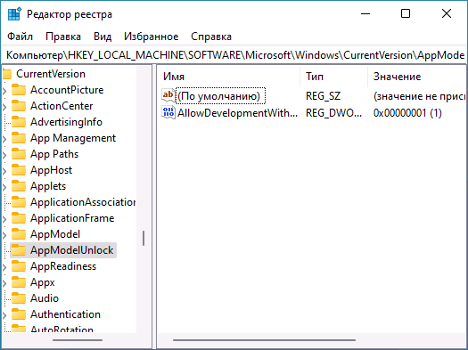 Включить режим разработчика в редакторе реестра Windows