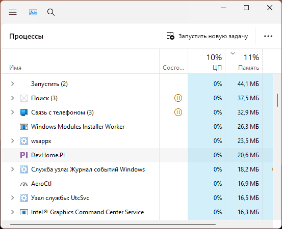 Процесс DevHome.PI.exe в диспетчере задач