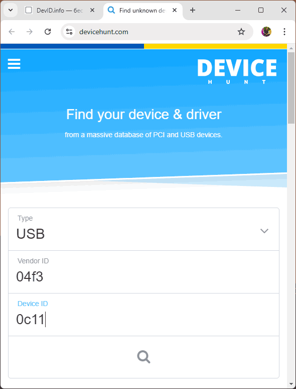 Поиск устройства по ИД на Devicehunt