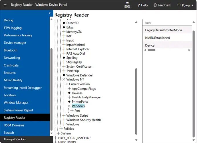Чтение реестра в Windows Device Portal