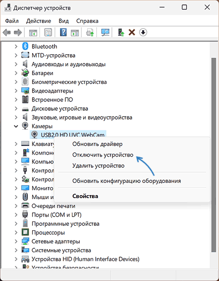 Отключить камеру в диспетчере устройств Windows