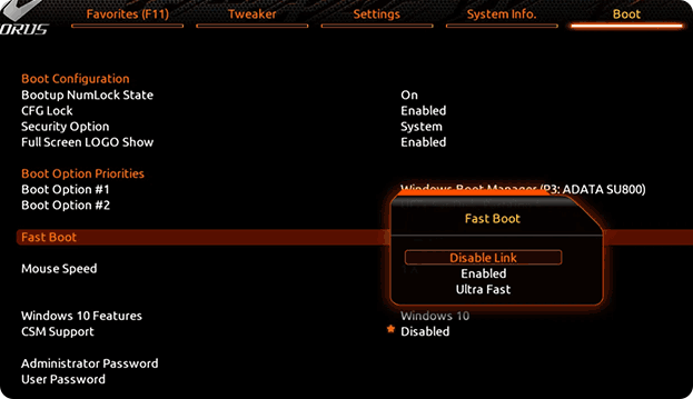 Пример отключения Fast Boot в UEFI