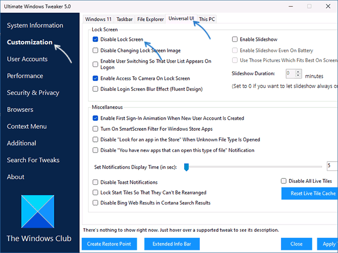 Отключение экрана блокировки в Ultimate Windows Tweaker
