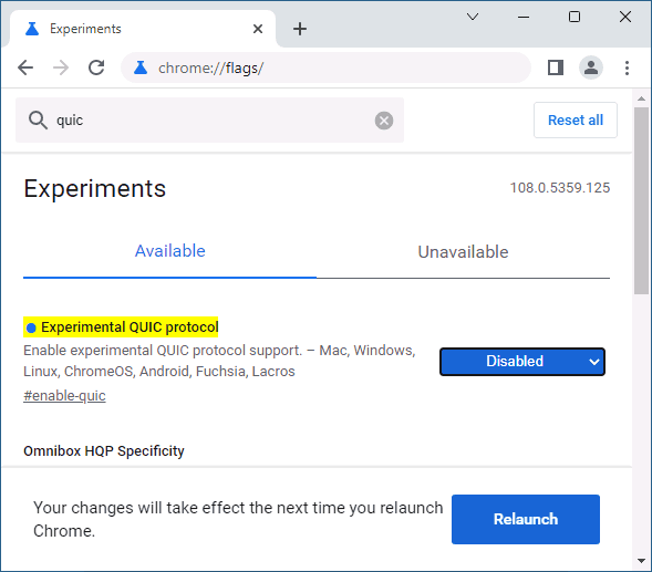 Отключение протокола QUIC в Chrome