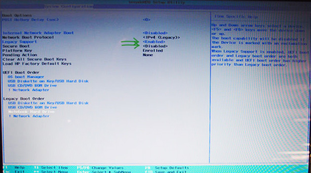 Отключение Secure Boot и включение Legacy