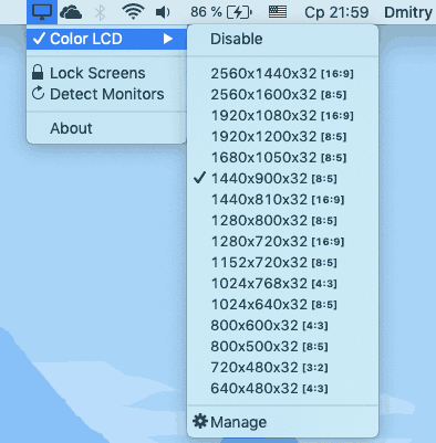 Изменение разрешения Mac в DisableMonitor