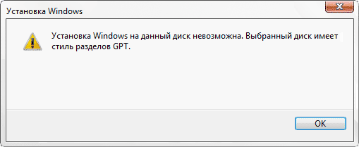 Установка Windows на данный диск невозможна