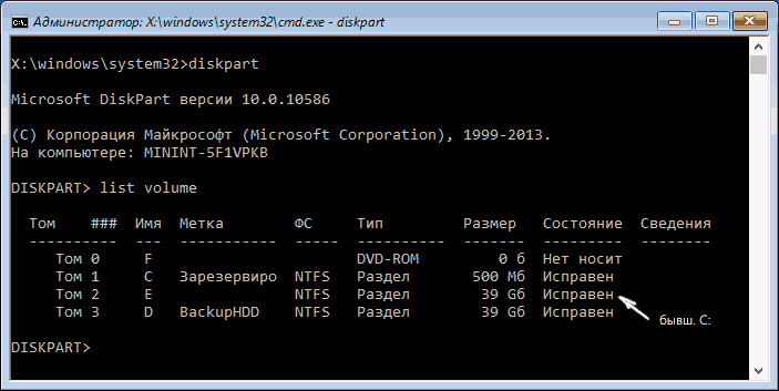 Список томов на диске в Diskpart