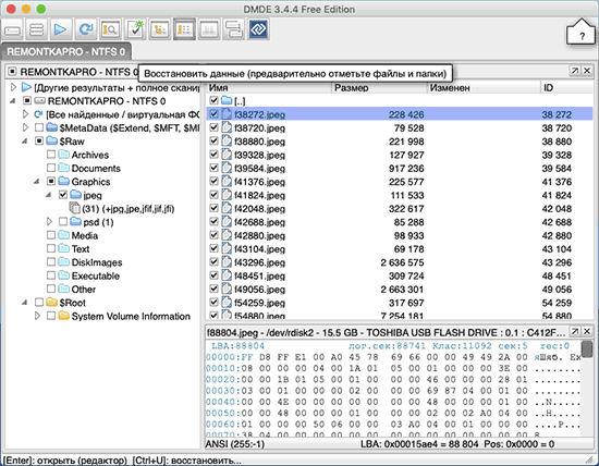 Восстановленные данные в DMDE для Mac