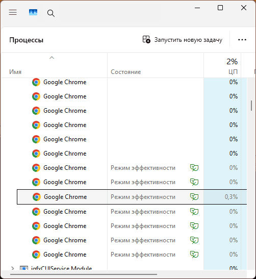 Пример процессов с включенным режимом эффективности в диспетчере задач